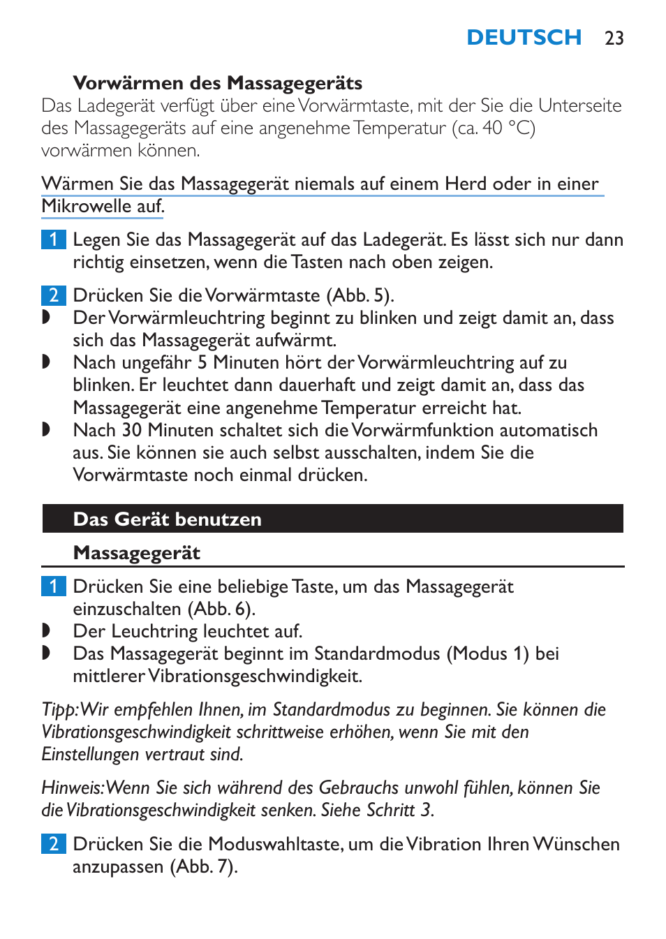 Vorwärmen des massagegeräts, Das gerät benutzen, Massagegerät | Philips Candlelight Set HF8430 User Manual | Page 23 / 76