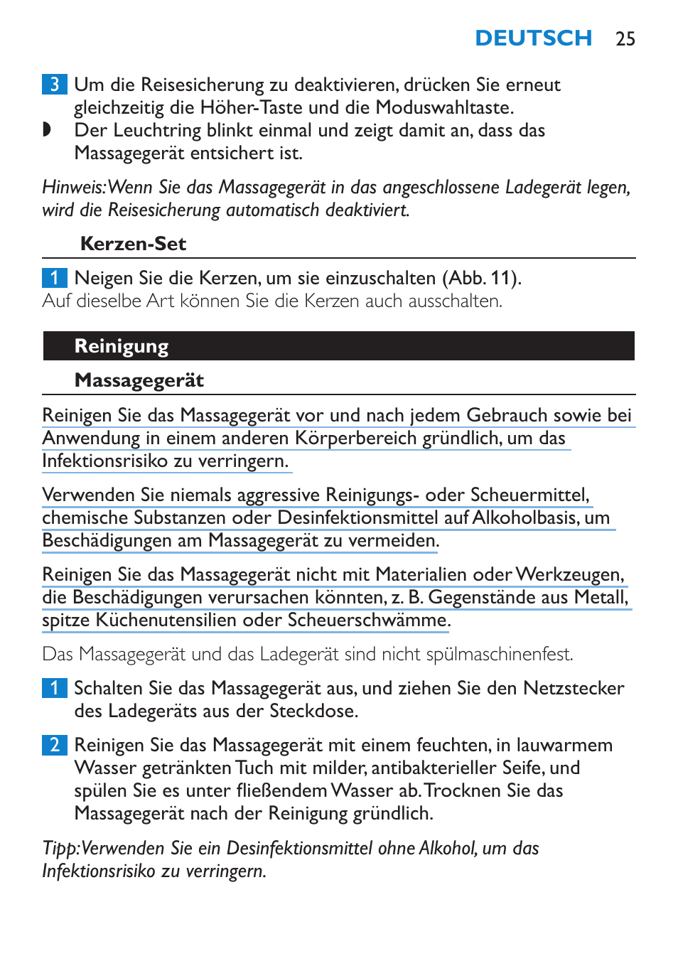 Kerzen-set, Reinigung, Massagegerät | Philips Candlelight Set HF8430 User Manual | Page 25 / 76