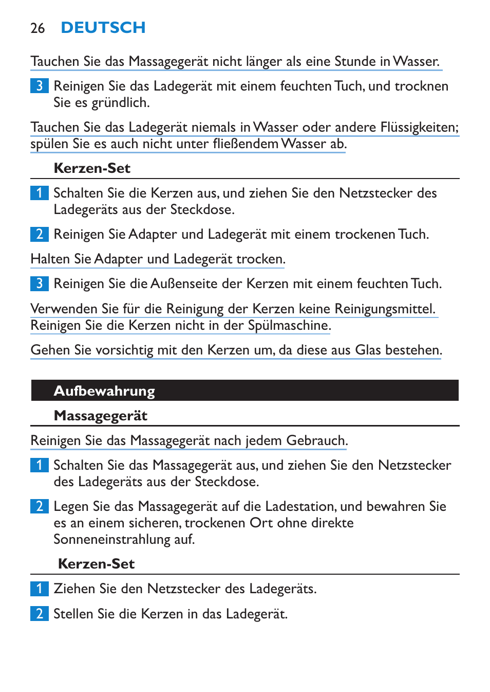 Kerzen-set, Aufbewahrung, Massagegerät | Philips Candlelight Set HF8430 User Manual | Page 26 / 76