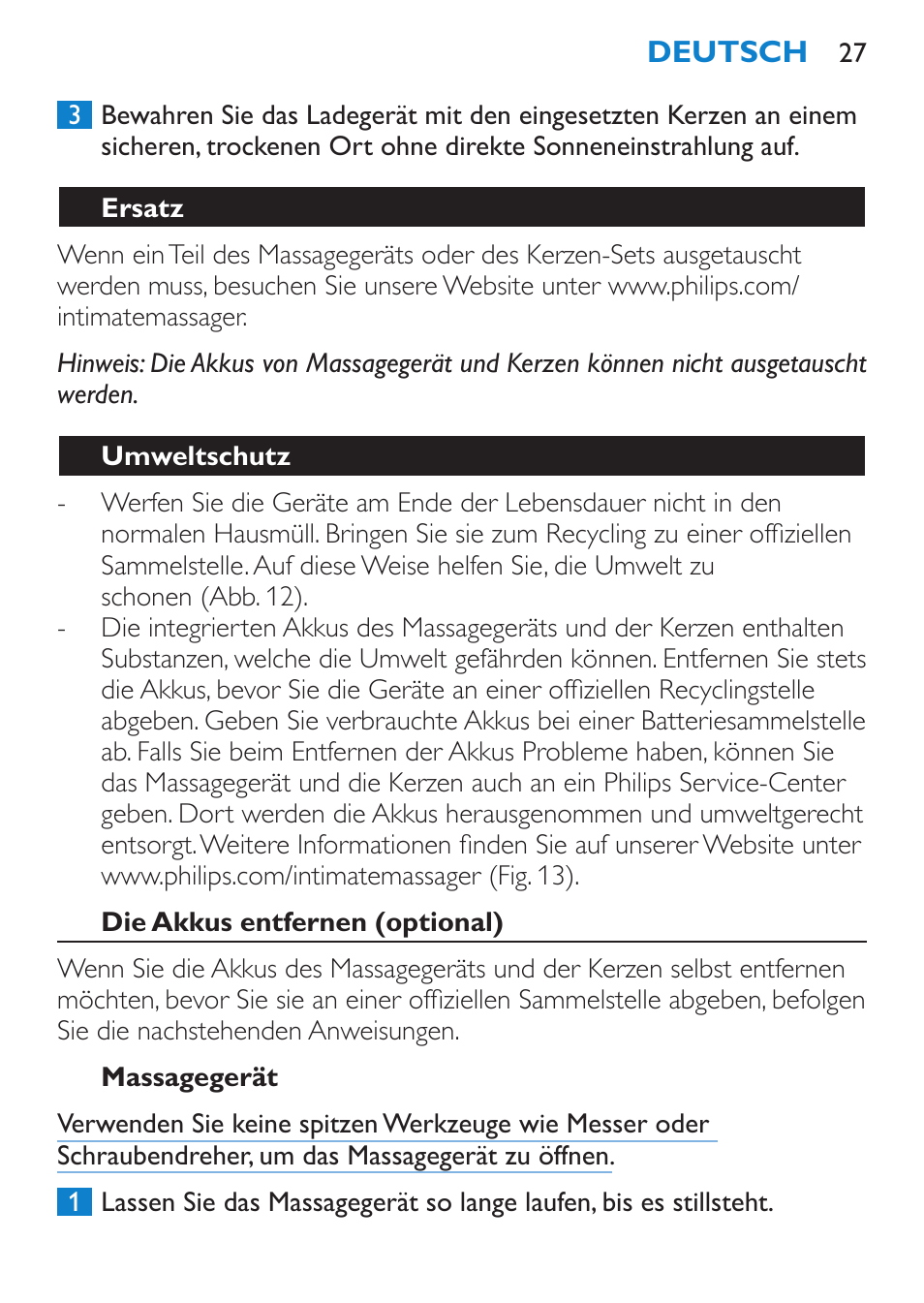 Ersatz, Umweltschutz, Die akkus entfernen (optional) | Massagegerät | Philips Candlelight Set HF8430 User Manual | Page 27 / 76