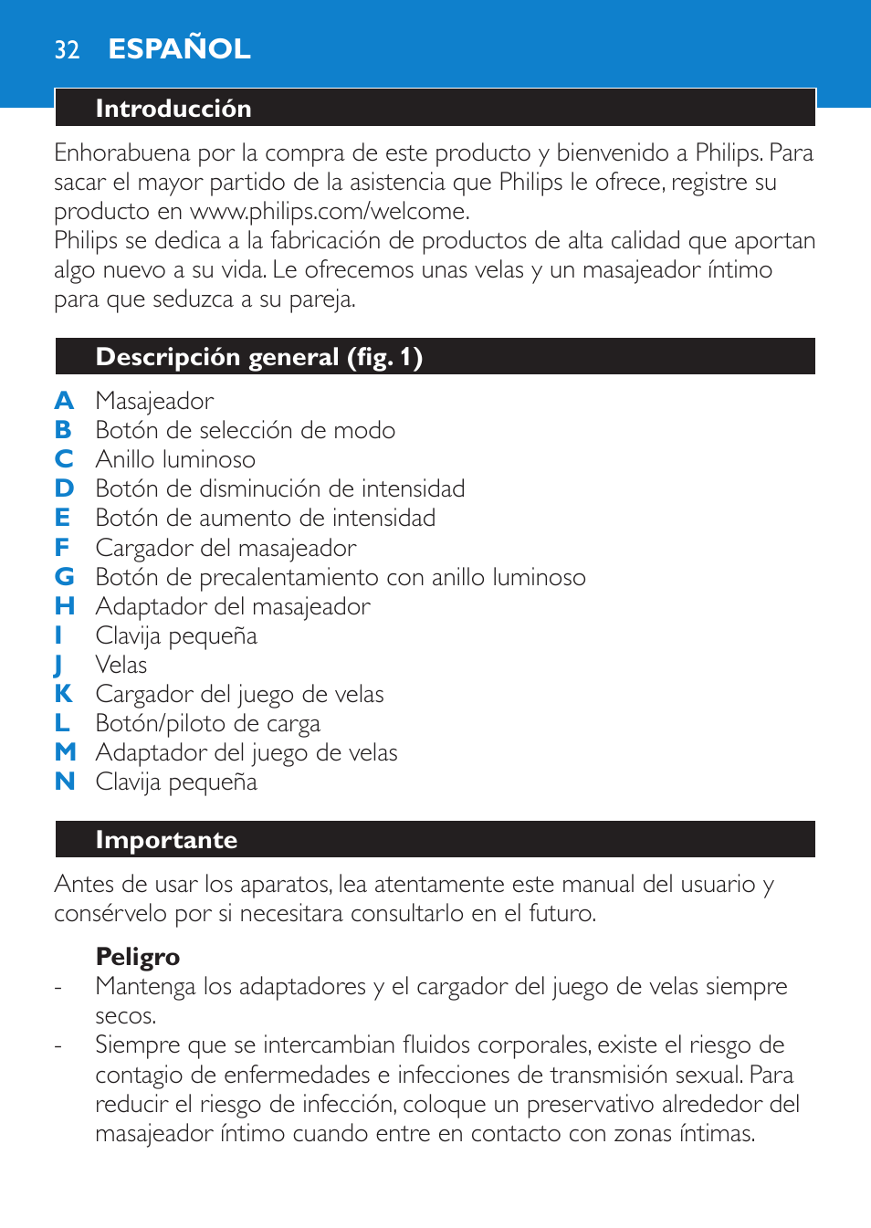 Peligro, Español, Introducción | Descripción general (fig. 1), Importante | Philips Candlelight Set HF8430 User Manual | Page 32 / 76