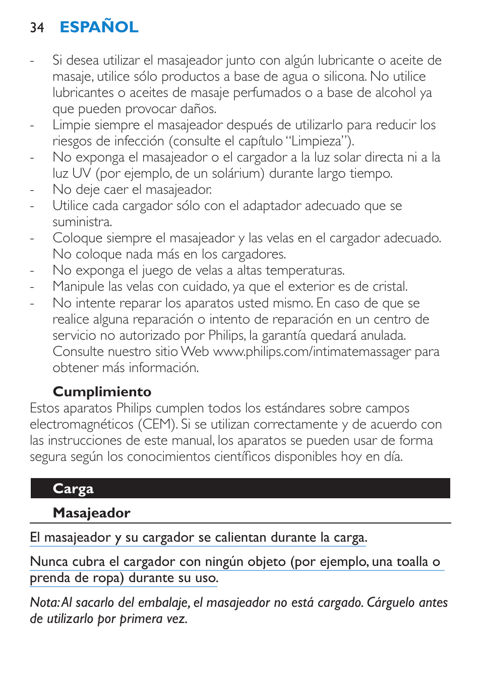 Cumplimiento, Carga, Masajeador | Philips Candlelight Set HF8430 User Manual | Page 34 / 76