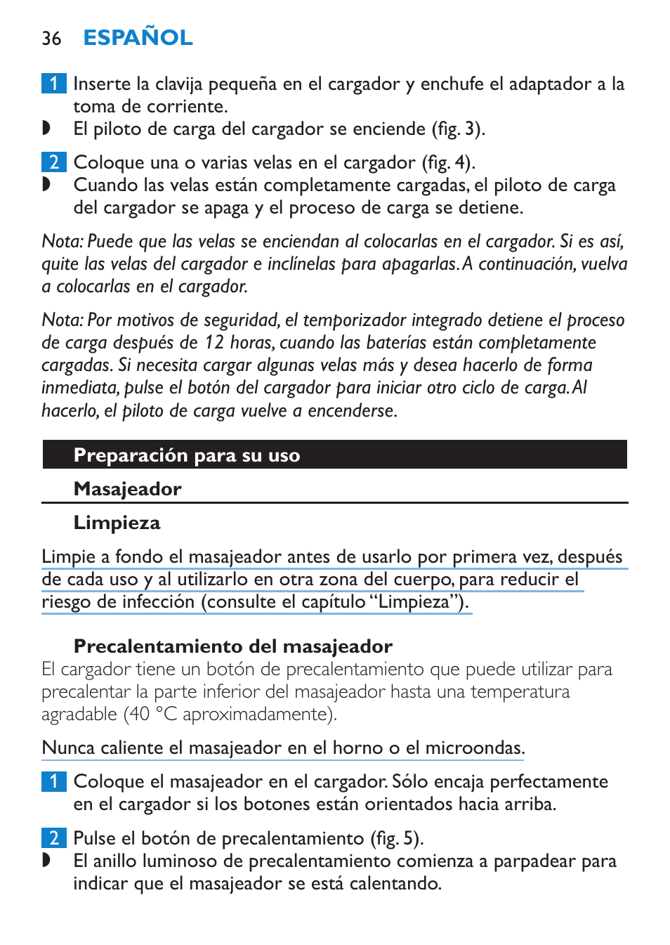 Preparación para su uso, Masajeador, Limpieza | Precalentamiento del masajeador | Philips Candlelight Set HF8430 User Manual | Page 36 / 76