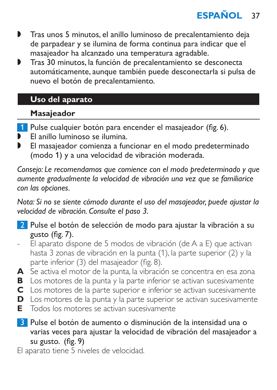 Uso del aparato, Masajeador | Philips Candlelight Set HF8430 User Manual | Page 37 / 76