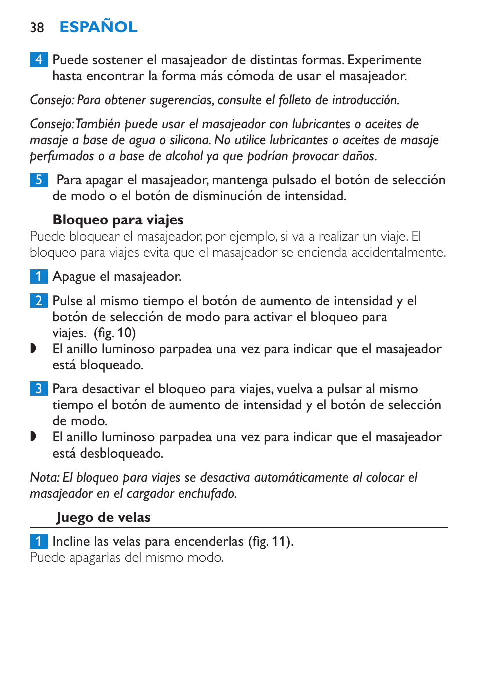 Bloqueo para viajes, Juego de velas | Philips Candlelight Set HF8430 User Manual | Page 38 / 76