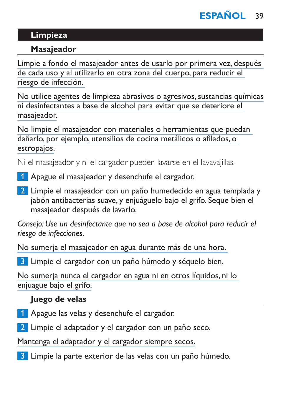 Limpieza, Masajeador, Juego de velas | Philips Candlelight Set HF8430 User Manual | Page 39 / 76