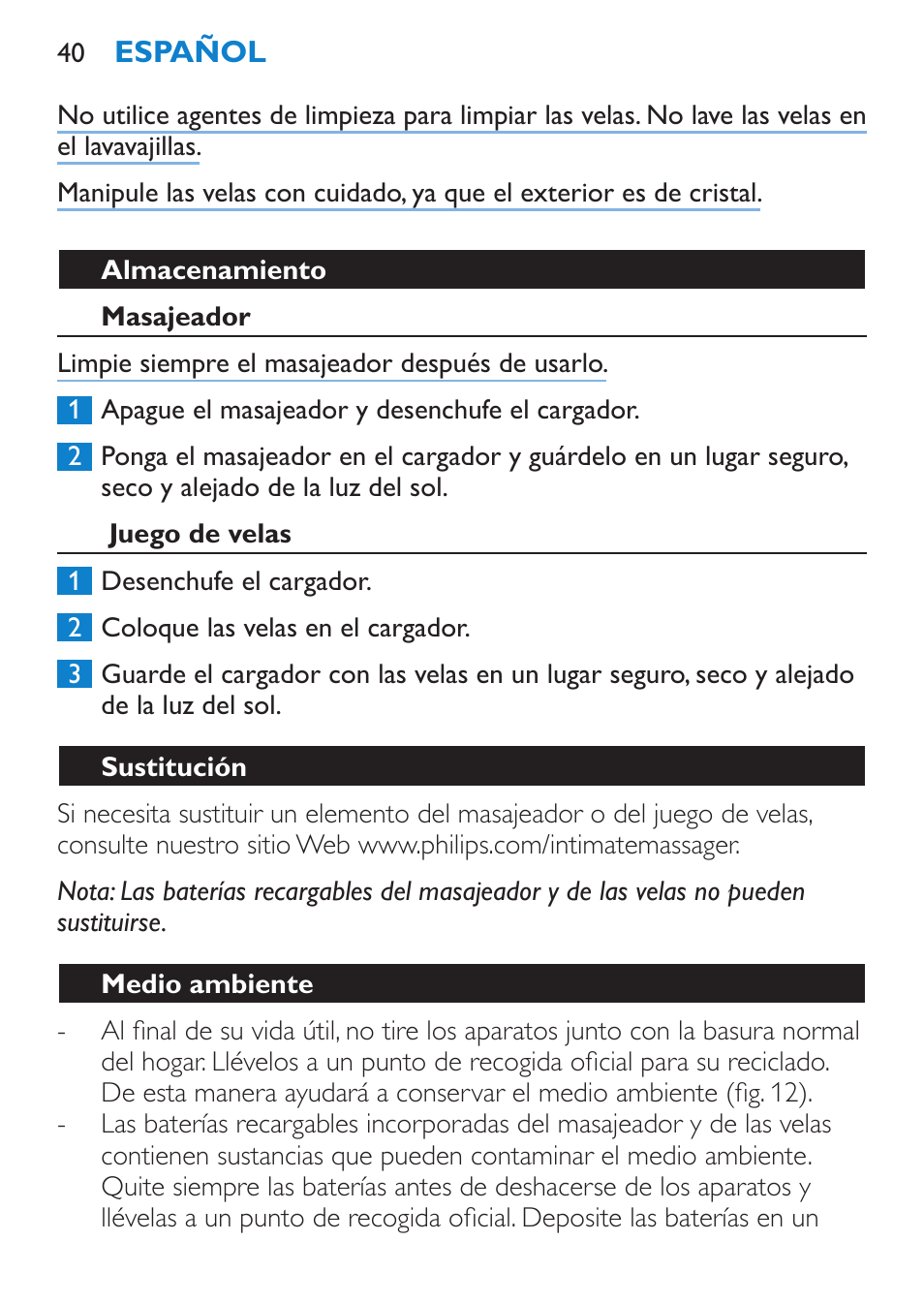 Almacenamiento, Masajeador, Juego de velas | Sustitución, Medio ambiente | Philips Candlelight Set HF8430 User Manual | Page 40 / 76