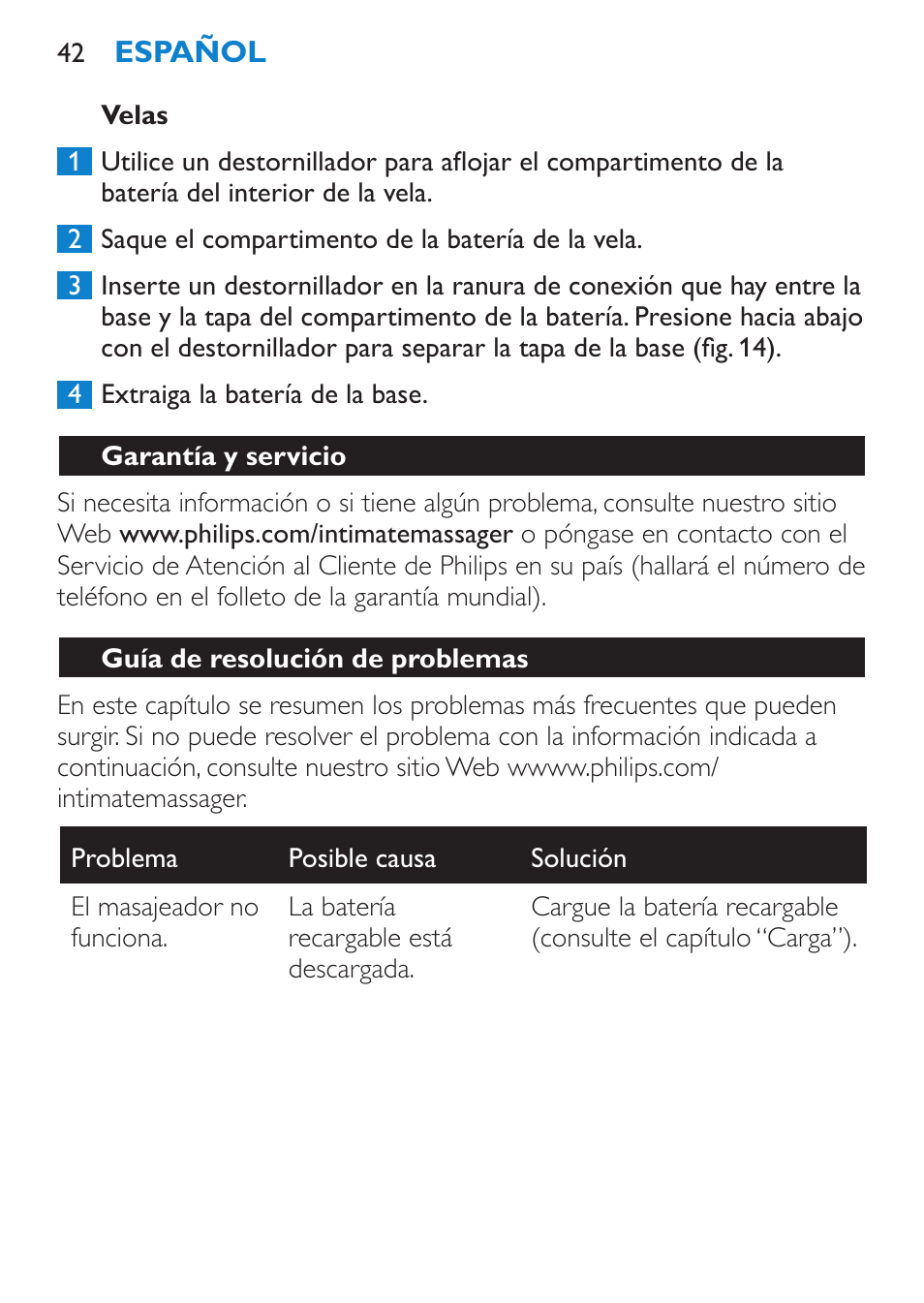 Velas, Garantía y servicio, Guía de resolución de problemas | Philips Candlelight Set HF8430 User Manual | Page 42 / 76