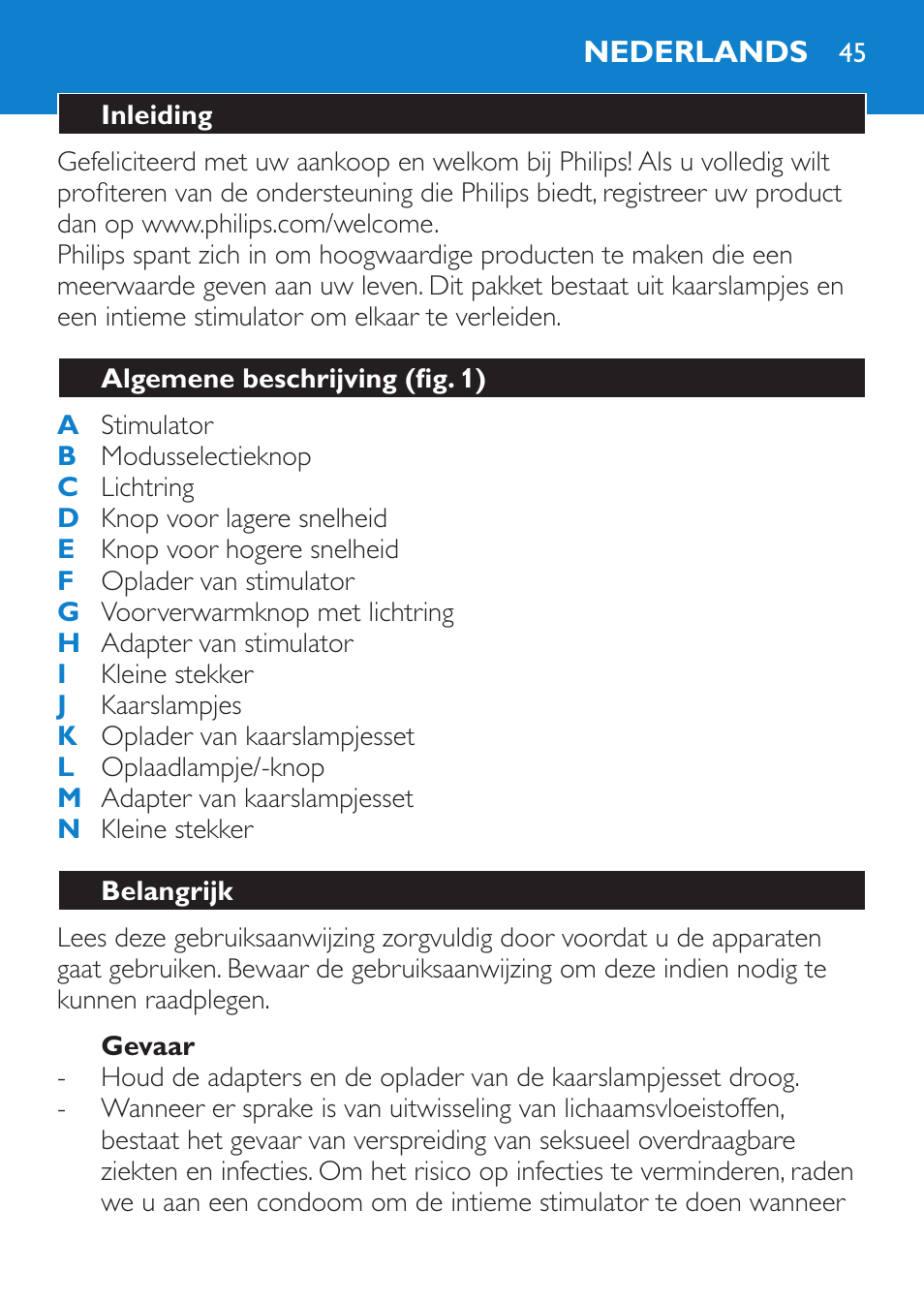 Gevaar, Nederlands, Inleiding | Algemene beschrijving (fig. 1), Belangrijk | Philips Candlelight Set HF8430 User Manual | Page 45 / 76