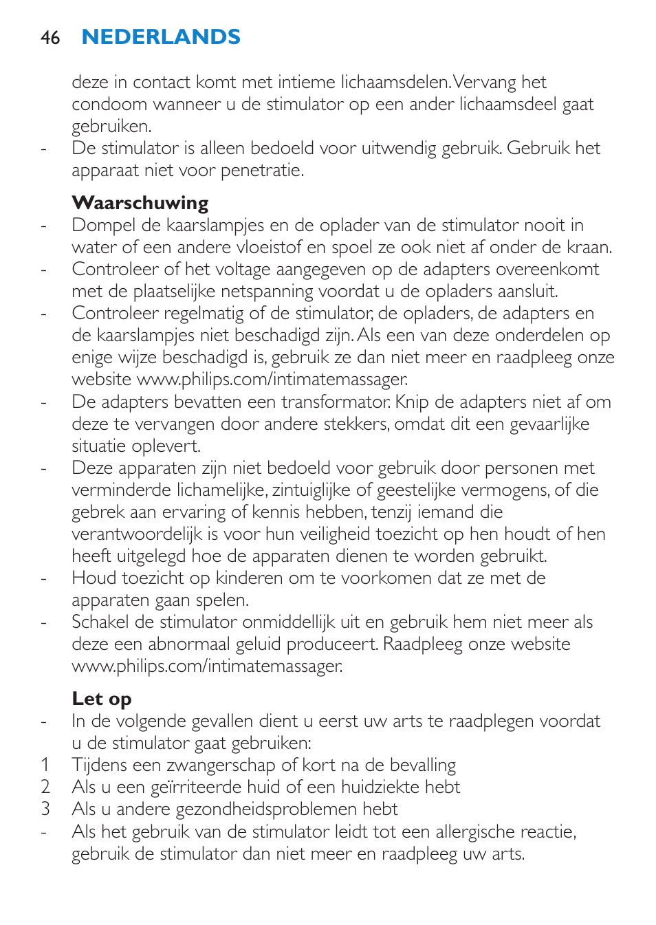 Waarschuwing, Let op | Philips Candlelight Set HF8430 User Manual | Page 46 / 76