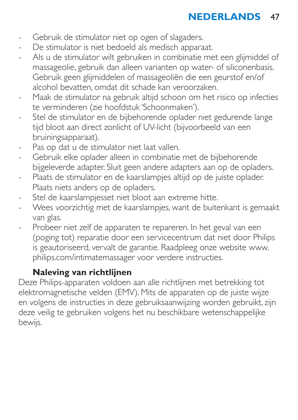 Naleving van richtlijnen, Opladen, Stimulator | Philips Candlelight Set HF8430 User Manual | Page 47 / 76