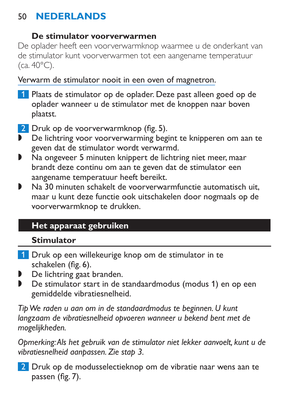 Het apparaat gebruiken, Stimulator | Philips Candlelight Set HF8430 User Manual | Page 50 / 76