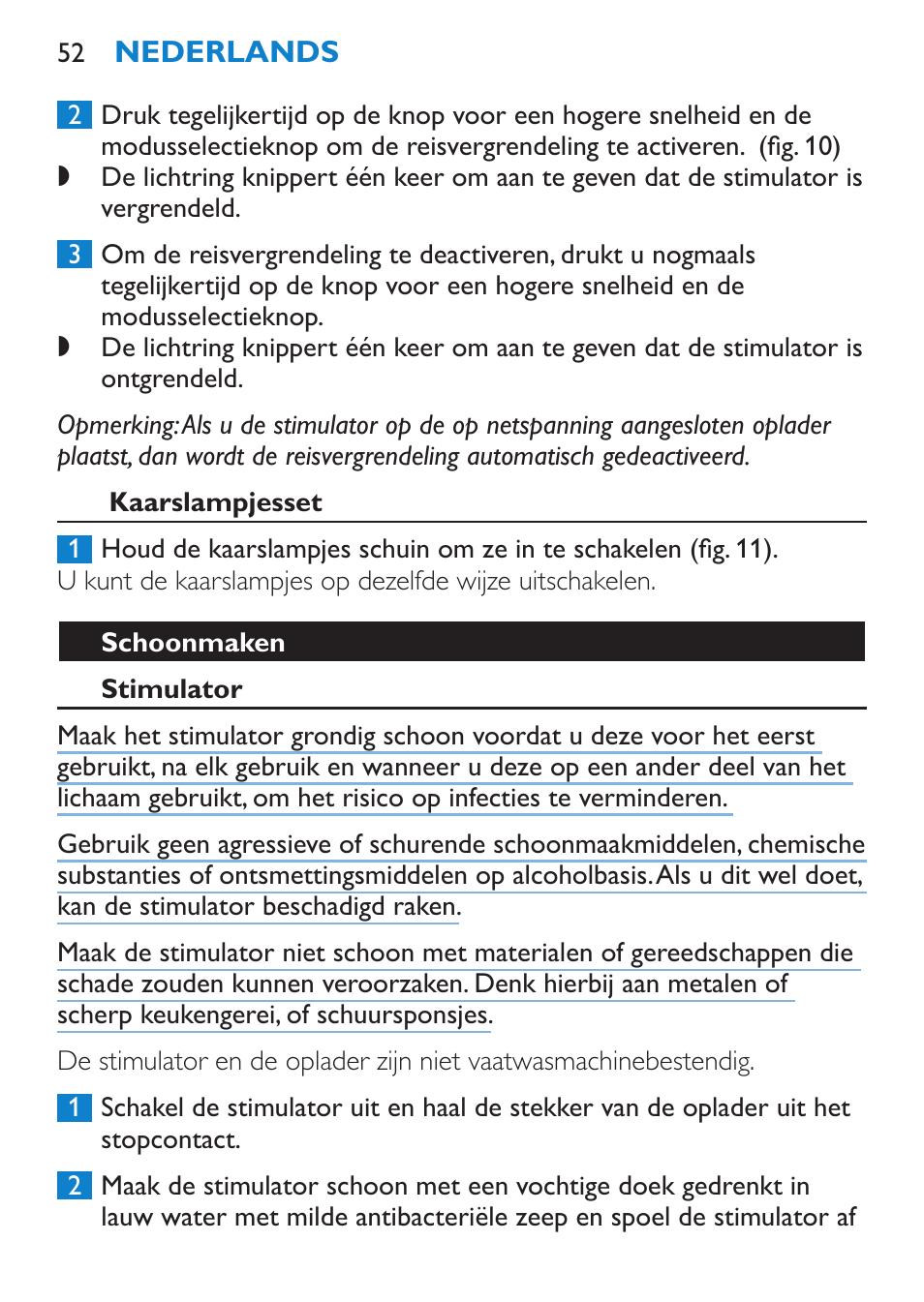 Kaarslampjesset, Schoonmaken, Stimulator | Philips Candlelight Set HF8430 User Manual | Page 52 / 76