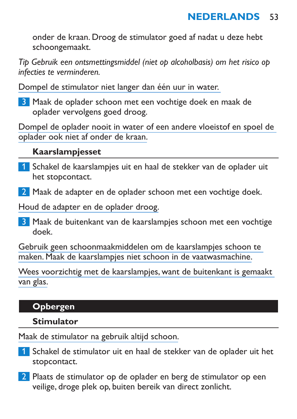 Kaarslampjesset, Opbergen, Stimulator | Philips Candlelight Set HF8430 User Manual | Page 53 / 76