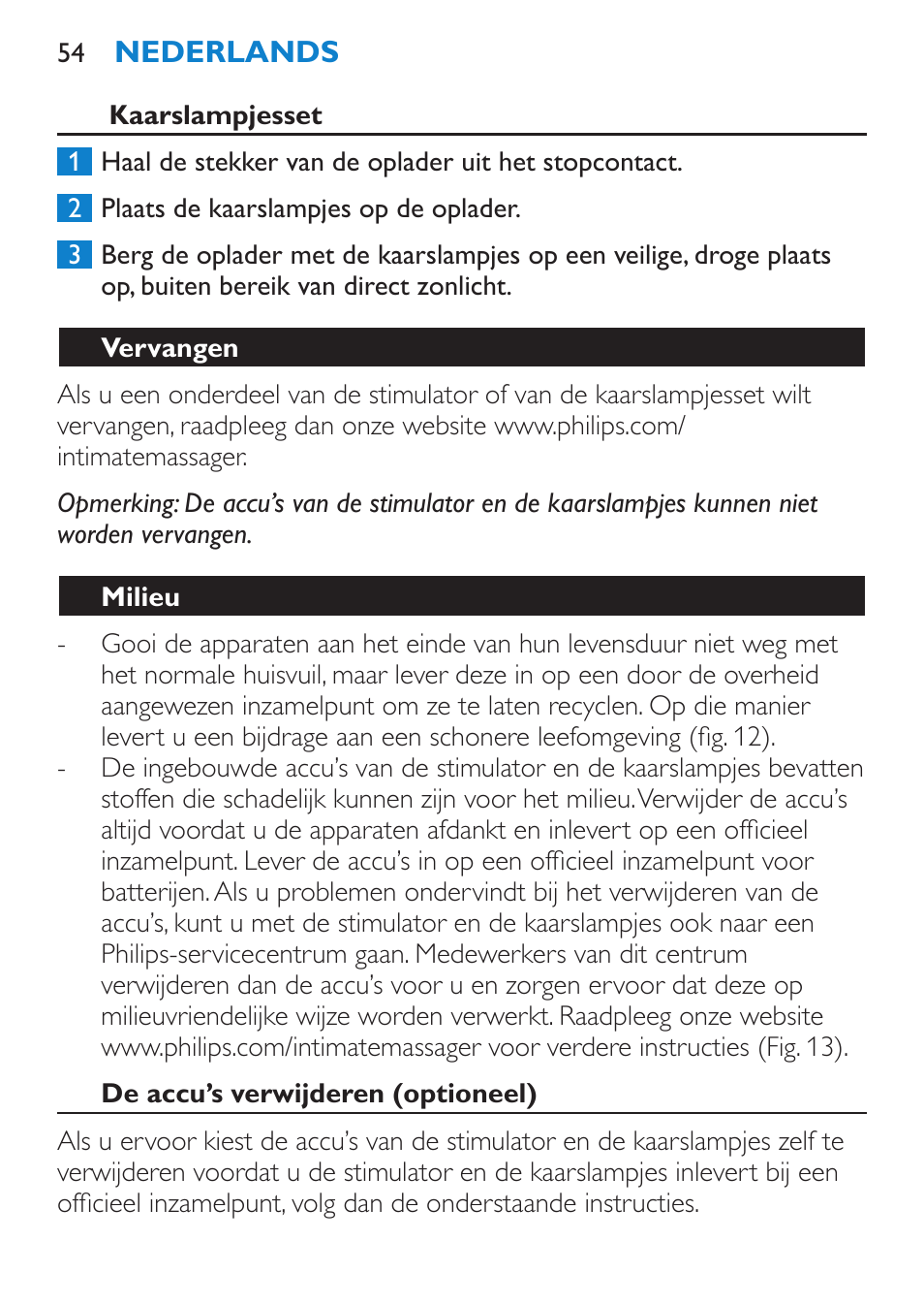 Vervangen, Milieu, De accu’s verwijderen (optioneel) | Stimulator | Philips Candlelight Set HF8430 User Manual | Page 54 / 76