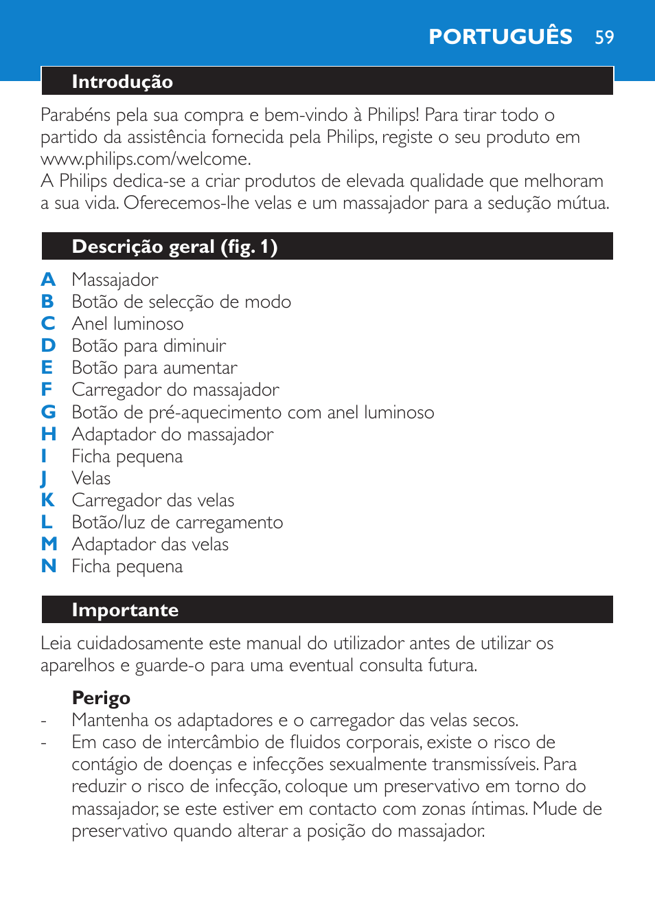 Perigo, Português, Introdução | Descrição geral (fig. 1), Importante | Philips Candlelight Set HF8430 User Manual | Page 59 / 76