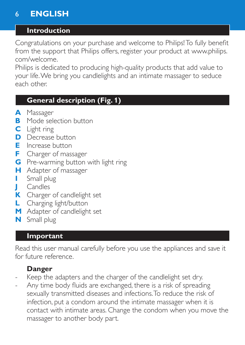 English, Introduction, General description (fig. 1) | Important, Danger | Philips Candlelight Set HF8430 User Manual | Page 6 / 76