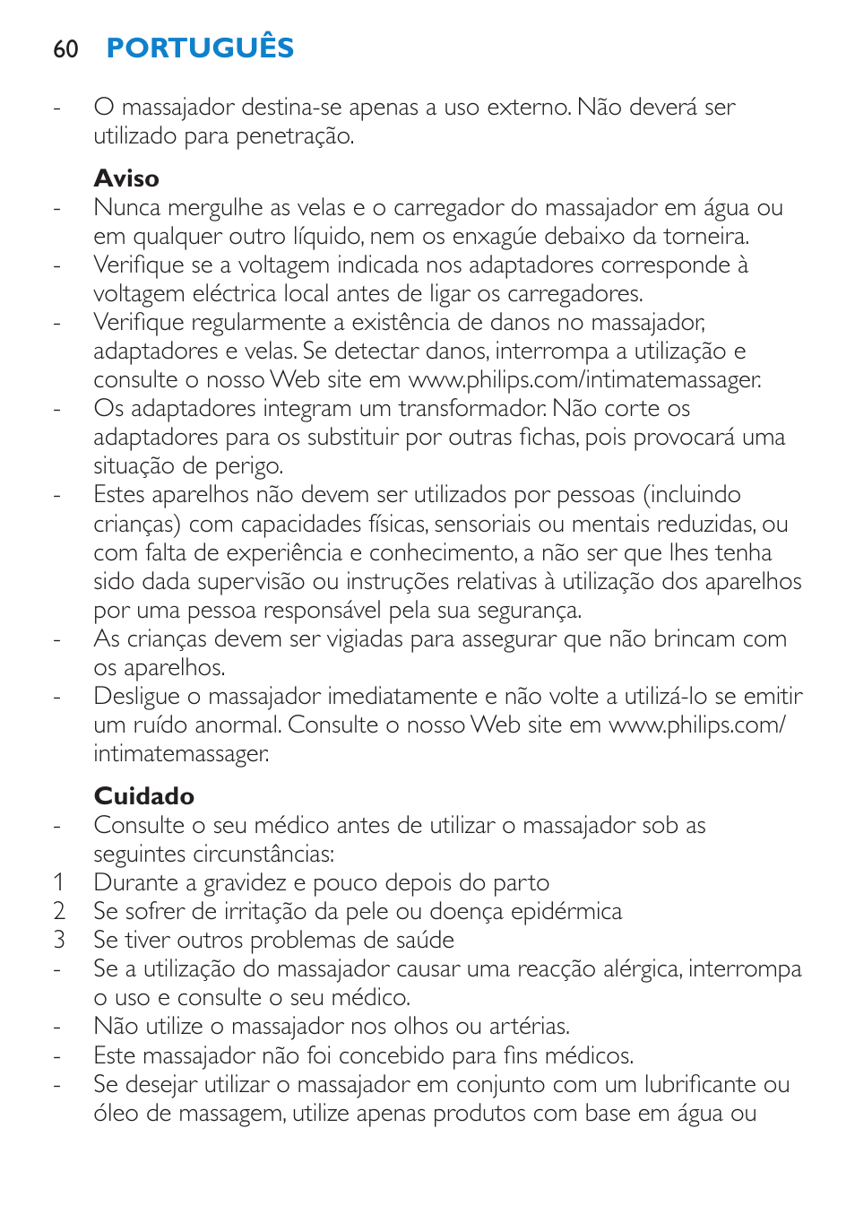 Aviso, Cuidado | Philips Candlelight Set HF8430 User Manual | Page 60 / 76