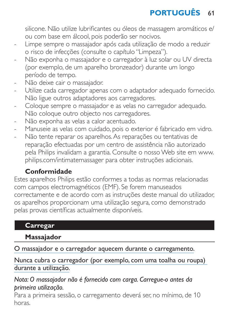 Conformidade, Carregar, Massajador | Philips Candlelight Set HF8430 User Manual | Page 61 / 76