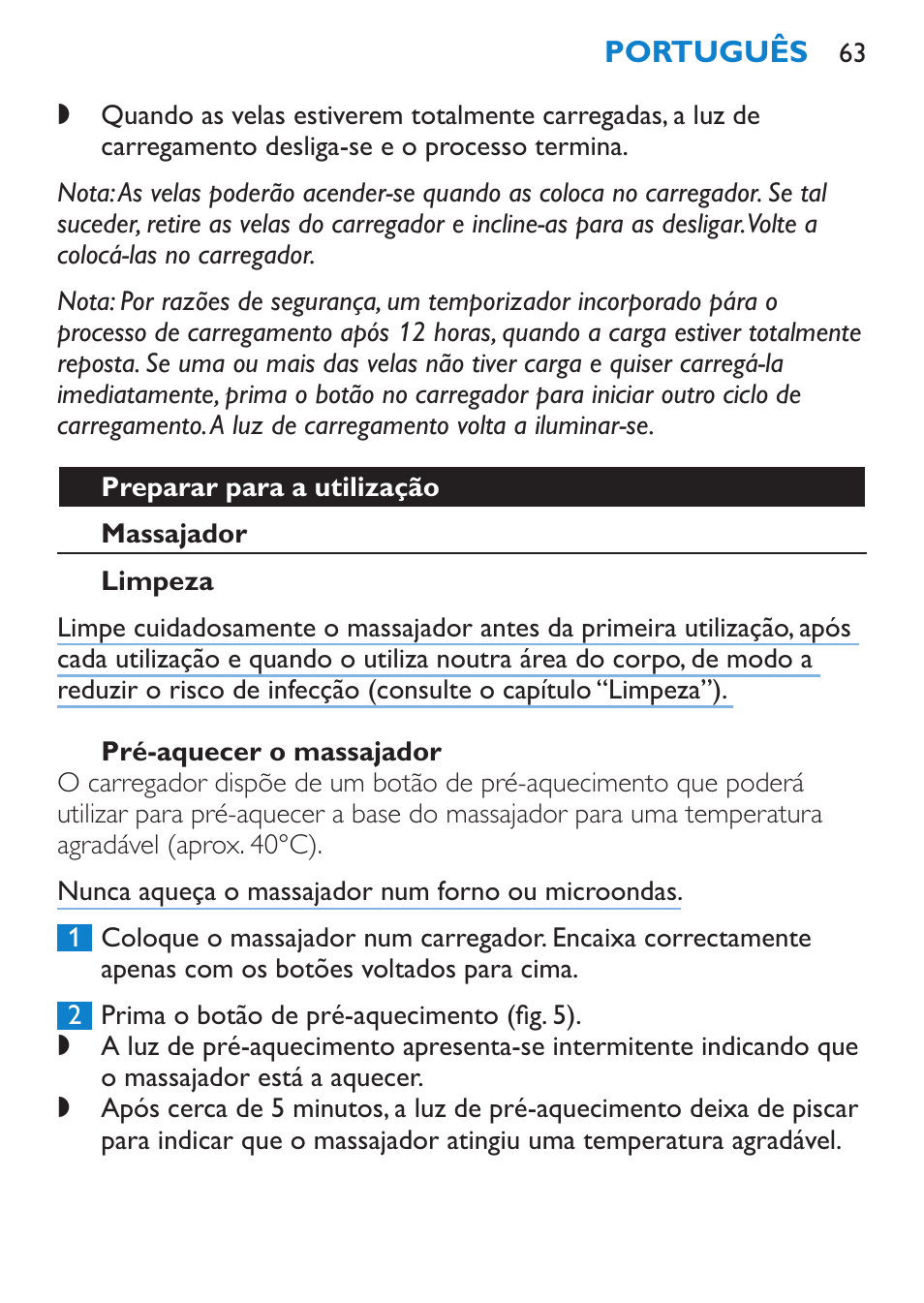 Preparar para a utilização, Massajador, Limpeza | Pré-aquecer o massajador | Philips Candlelight Set HF8430 User Manual | Page 63 / 76