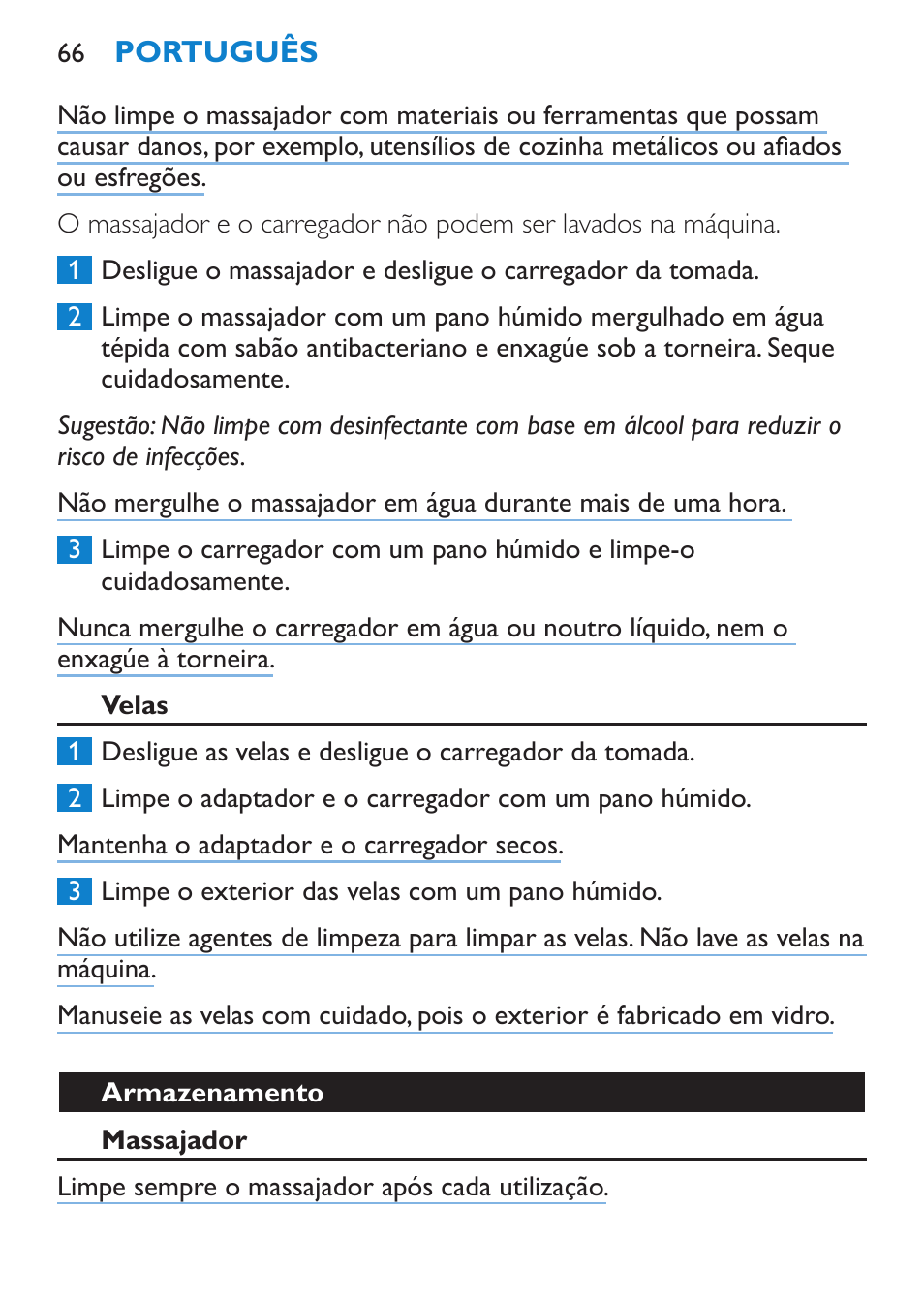 Velas, Armazenamento, Massajador | Philips Candlelight Set HF8430 User Manual | Page 66 / 76