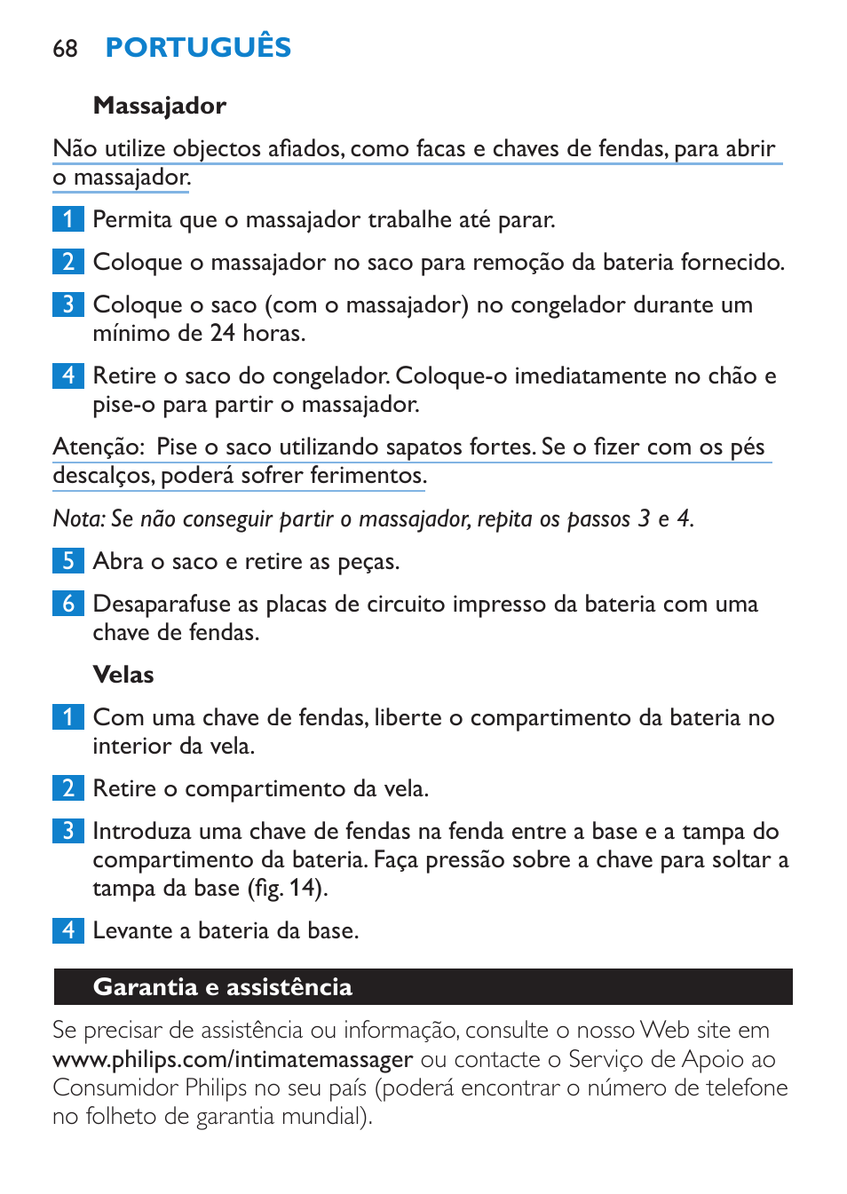 Massajador, Velas, Garantia e assistência | Philips Candlelight Set HF8430 User Manual | Page 68 / 76