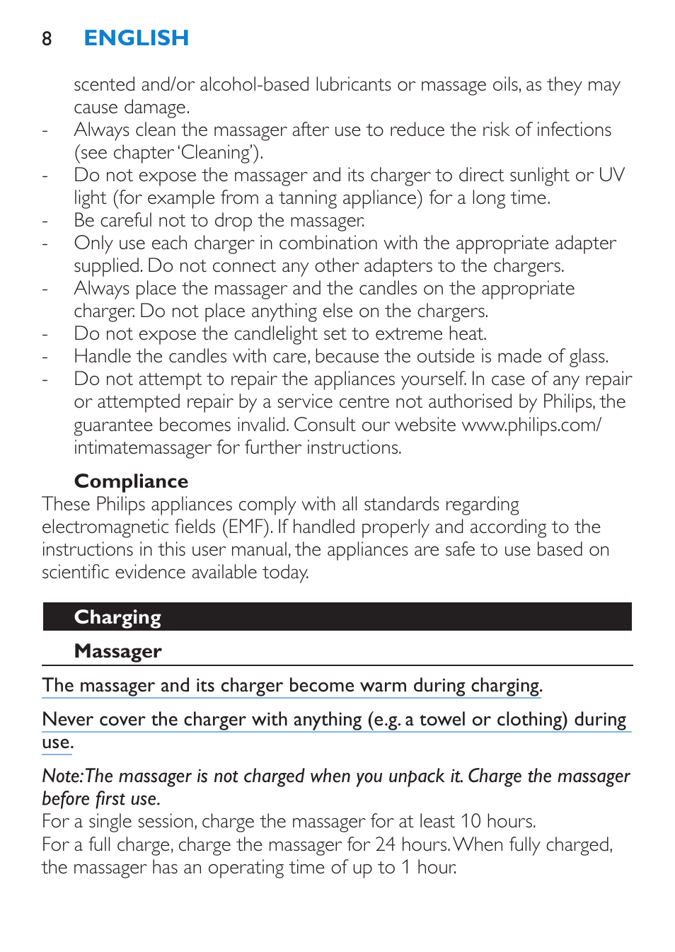 Compliance, Charging, Massager | Philips Candlelight Set HF8430 User Manual | Page 8 / 76