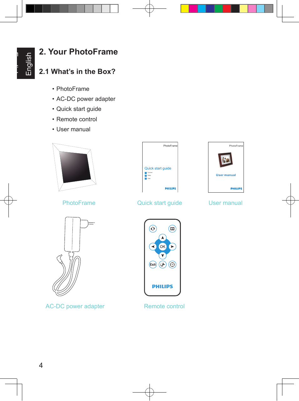 Your photoframe, English 4 english, 1 what’s in the box | Philips SPF 3408T/G7 User Manual | Page 12 / 100