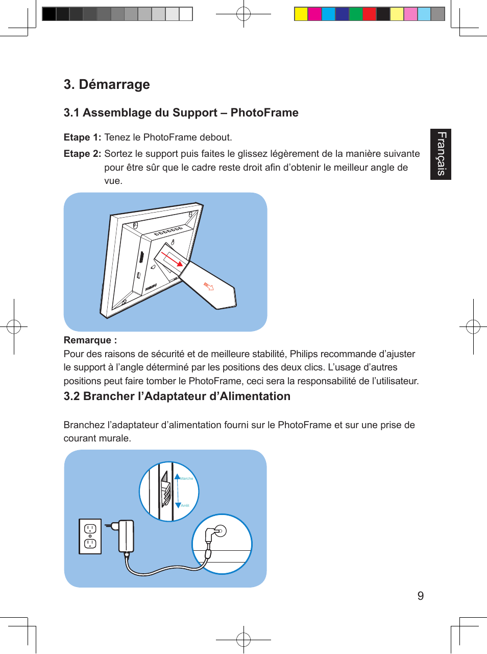 Démarrage, 9français, 1 assemblage du support – photoframe | 2 brancher l’adaptateur d’alimentation | Philips SPF 3408T/G7 User Manual | Page 47 / 100