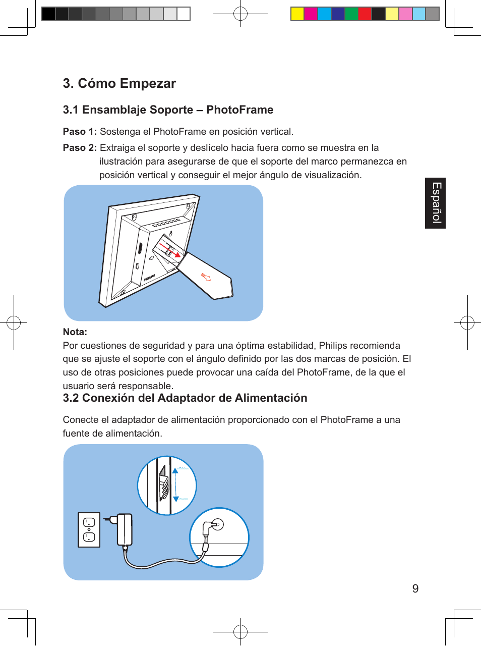 Cómo empezar, 9español, 1 ensamblaje soporte – photoframe | 2 conexión del adaptador de alimentación | Philips SPF 3408T/G7 User Manual | Page 77 / 100