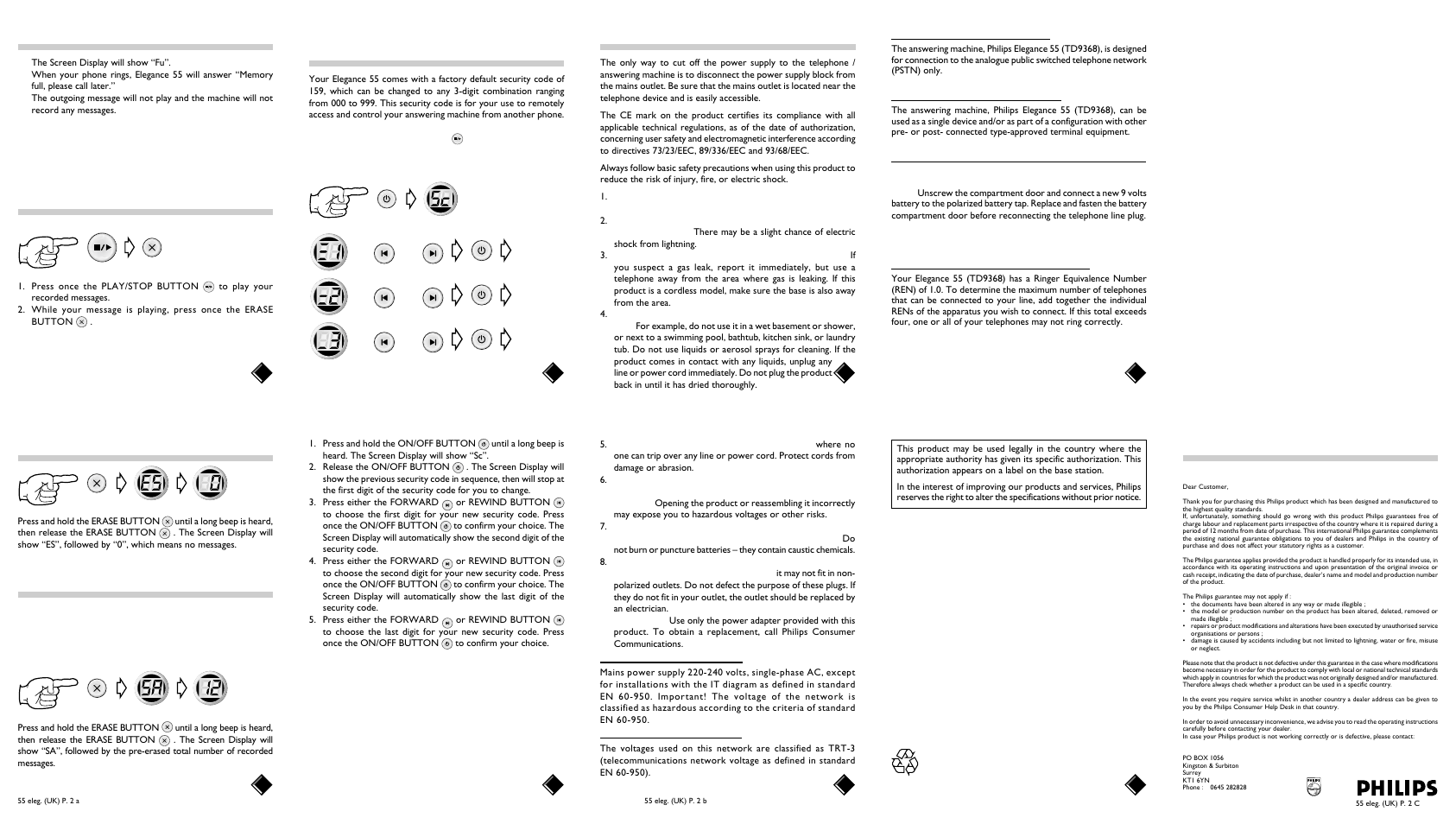 Selectively erasing your recorded messages, Erasing all your recorded messages, Restoring all erased messages | Changing your remote control security code, Safety information | Philips Elegance 55 User Manual | Page 2 / 2