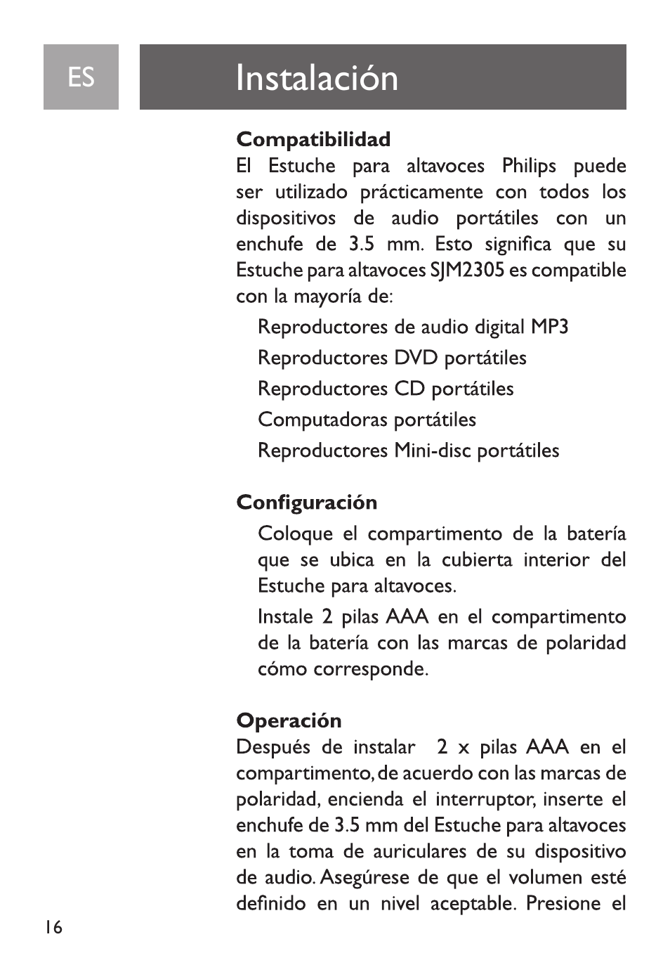 Instalación, Compatibilidad, Configuración | Operación | Philips SJM2305/17 User Manual | Page 16 / 19