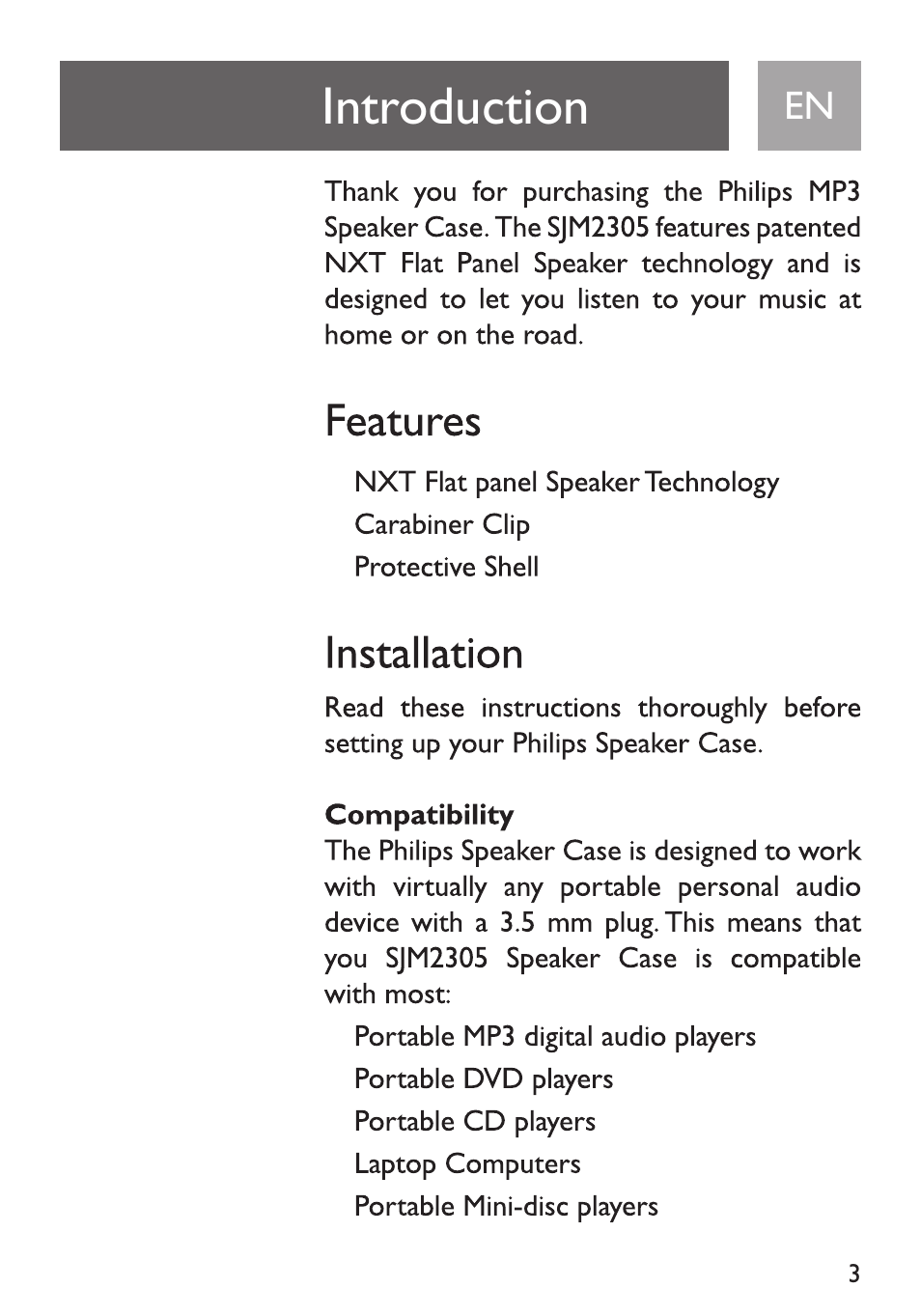 Introduction, Features, Installation | Compatibility | Philips SJM2305/17 User Manual | Page 3 / 19