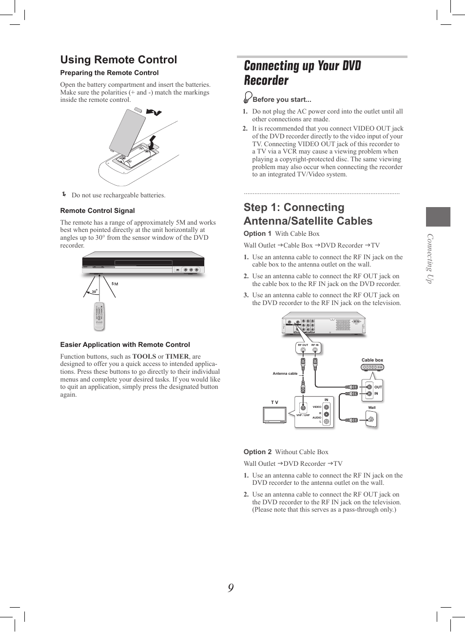 Connecting up your dvd recorder, Using remote control, Step 1: connecting antenna/satellite cables | Connecting up | Philips G-CODE 7819901511 User Manual | Page 10 / 48