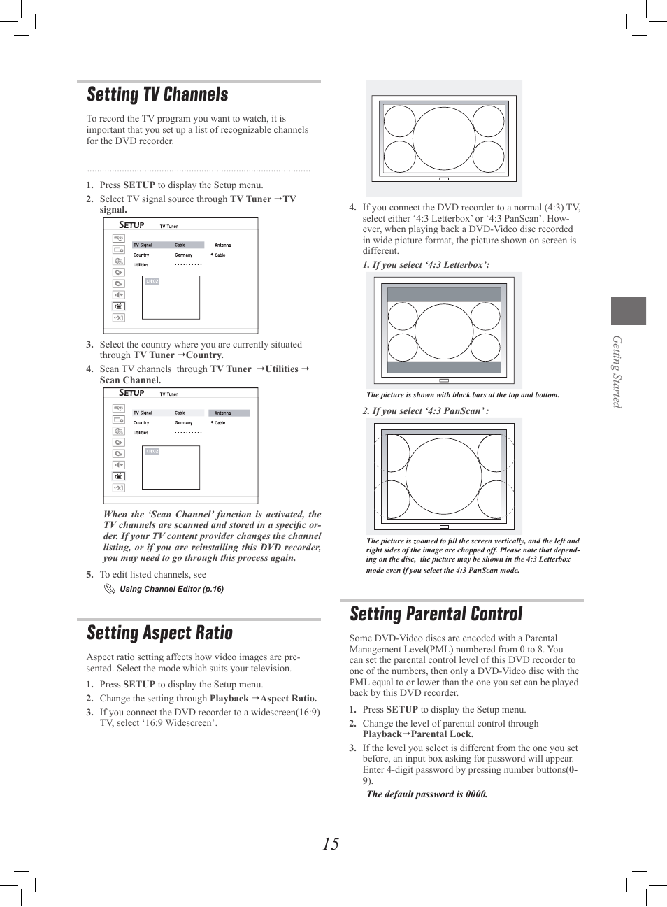 Setting tv channels, Setting aspect ratio, Setting parental control | Philips G-CODE 7819901511 User Manual | Page 16 / 48