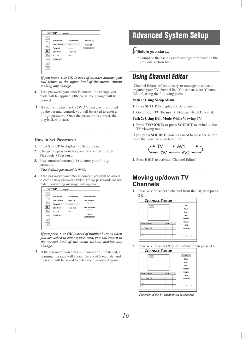 Advanced system setup, Using channel editor, Moving up/down tv channels | Philips G-CODE 7819901511 User Manual | Page 17 / 48