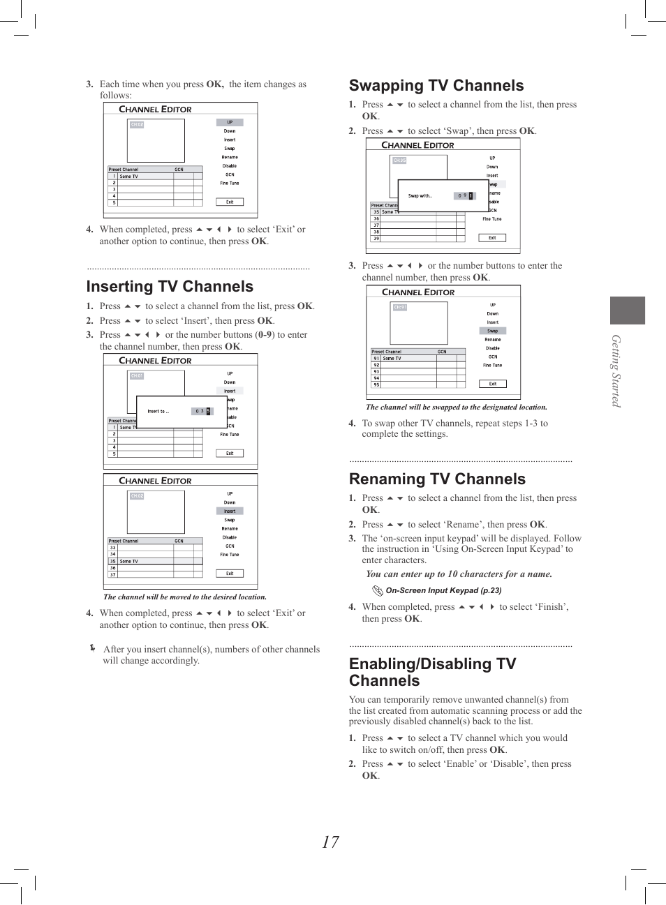 Inserting tv channels, Swapping tv channels, Renaming tv channels | Enabling/disabling tv channels | Philips G-CODE 7819901511 User Manual | Page 18 / 48