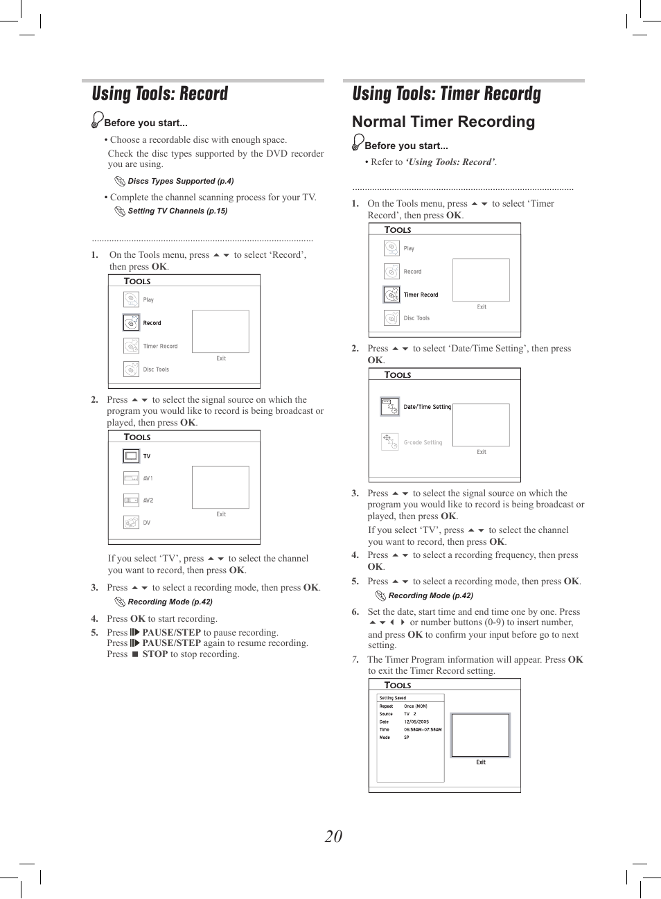 Using tools: record, Using tools: timer recordg, Normal timer recording | Philips G-CODE 7819901511 User Manual | Page 21 / 48