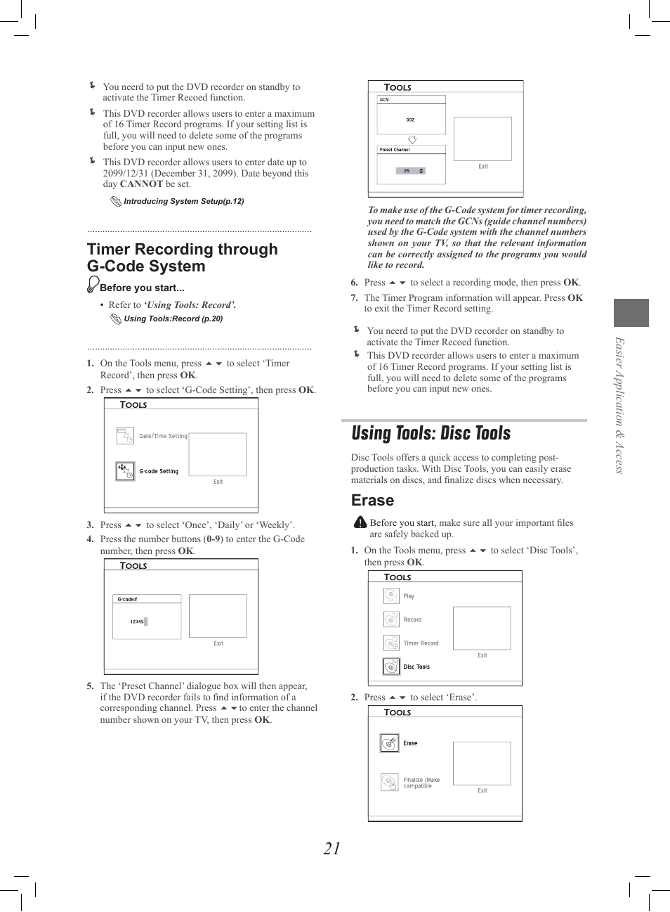 Using tools: disc tools, Timer recording through g-code system, Erase | Philips G-CODE 7819901511 User Manual | Page 22 / 48