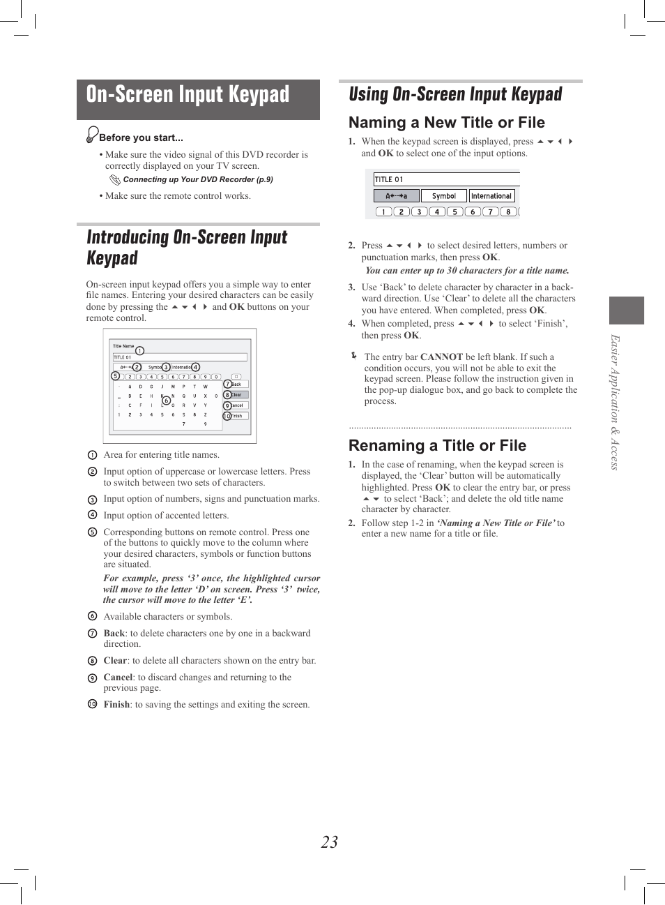 On-screen input keypad, Introducing on-screen input keypad, Using on-screen input keypad | Naming a new title or file, Renaming a title or file | Philips G-CODE 7819901511 User Manual | Page 24 / 48