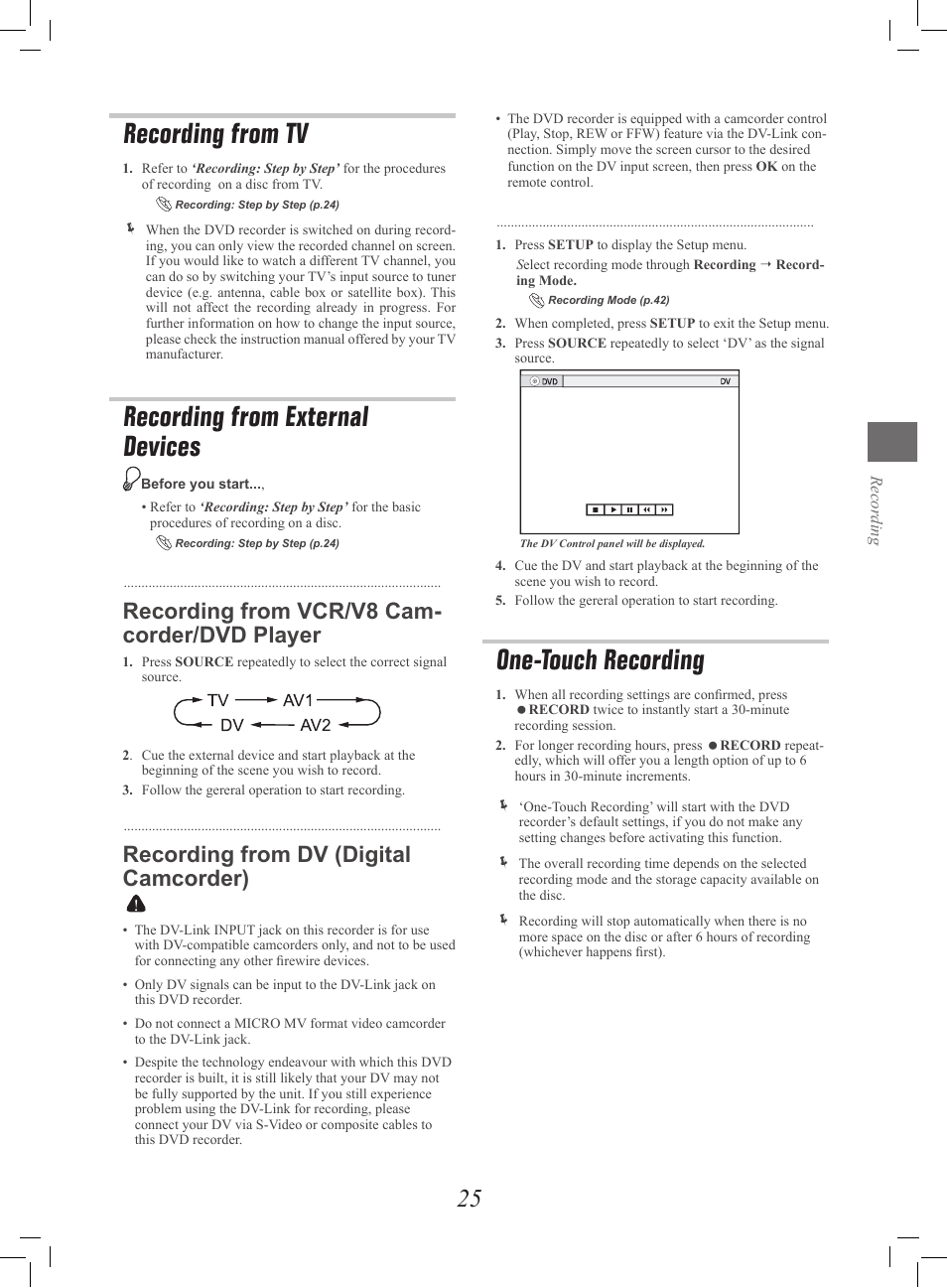 Recording from tv, Recording from external devices, One-touch recording | Recording from vcr/v8 cam- corder/dvd player, Recording from dv (digital camcorder) | Philips G-CODE 7819901511 User Manual | Page 26 / 48