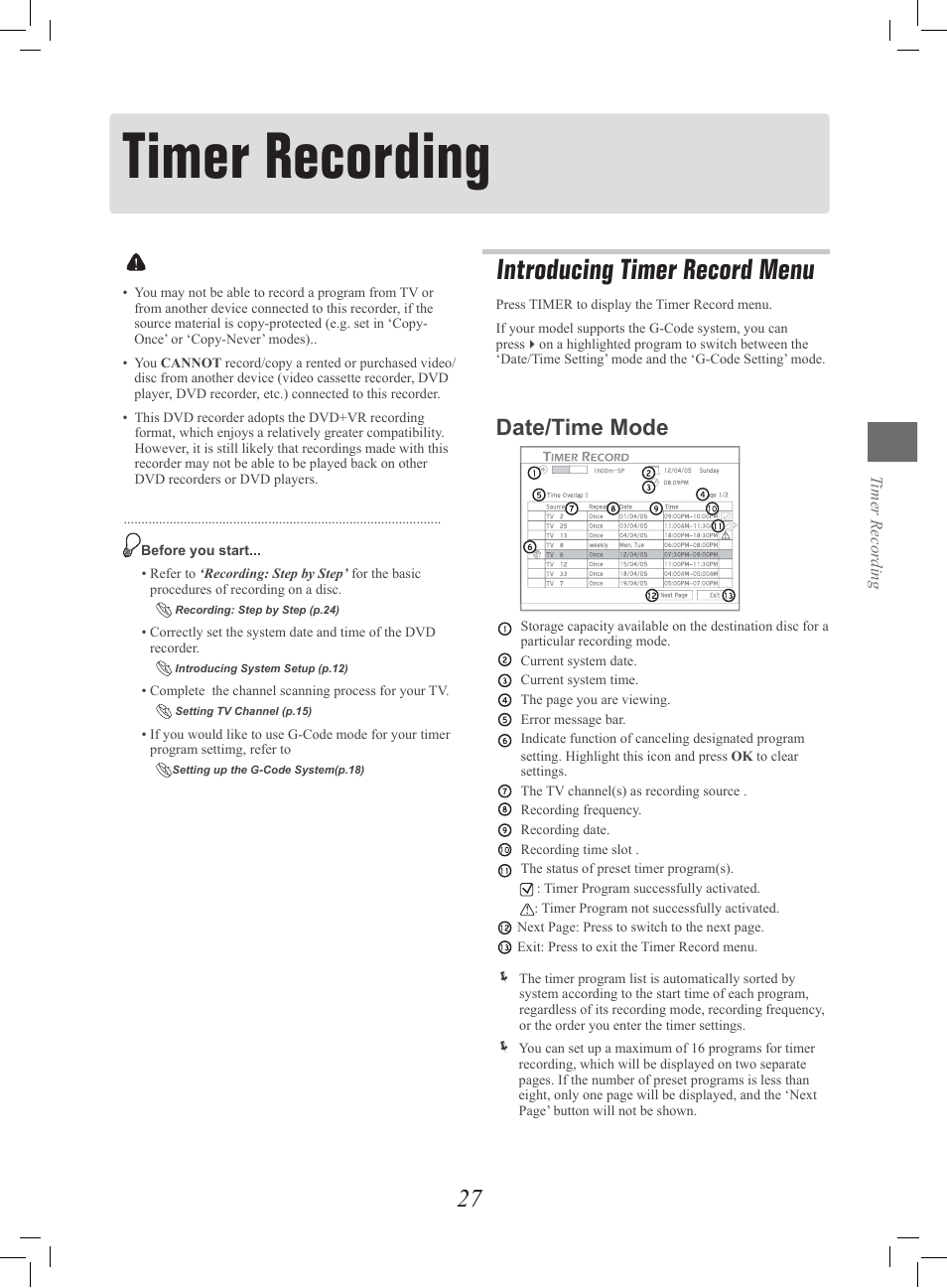 Timer recording, Introducing timer record menu, Date/time mode | Philips G-CODE 7819901511 User Manual | Page 28 / 48
