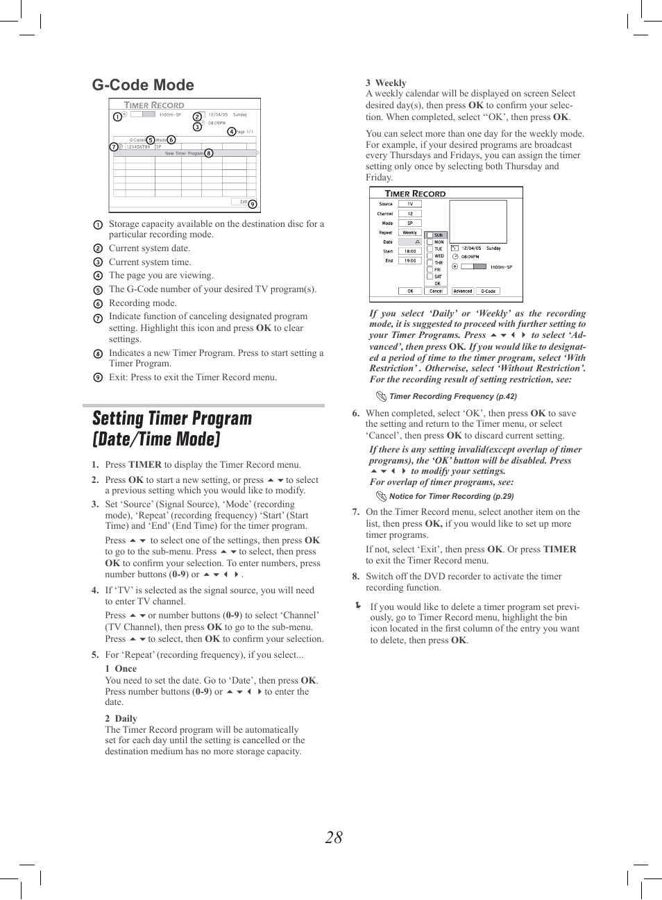 Setting timer program(date/time mode), Setting timer program (date/time mode), G-code mode | Philips G-CODE 7819901511 User Manual | Page 29 / 48