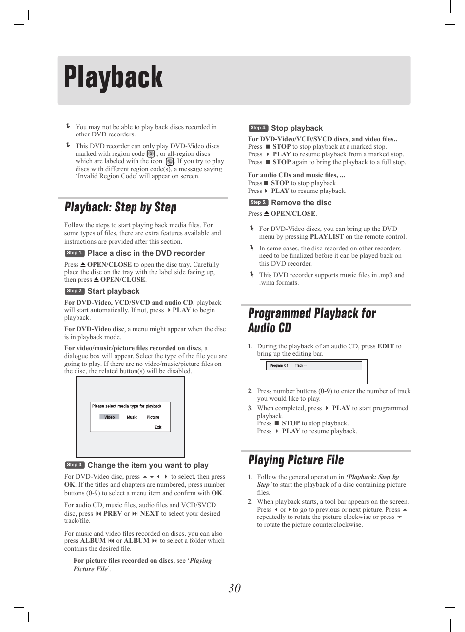 Playback, Playback: step by step, Programmed playback for audio cd | Playing picture file | Philips G-CODE 7819901511 User Manual | Page 31 / 48