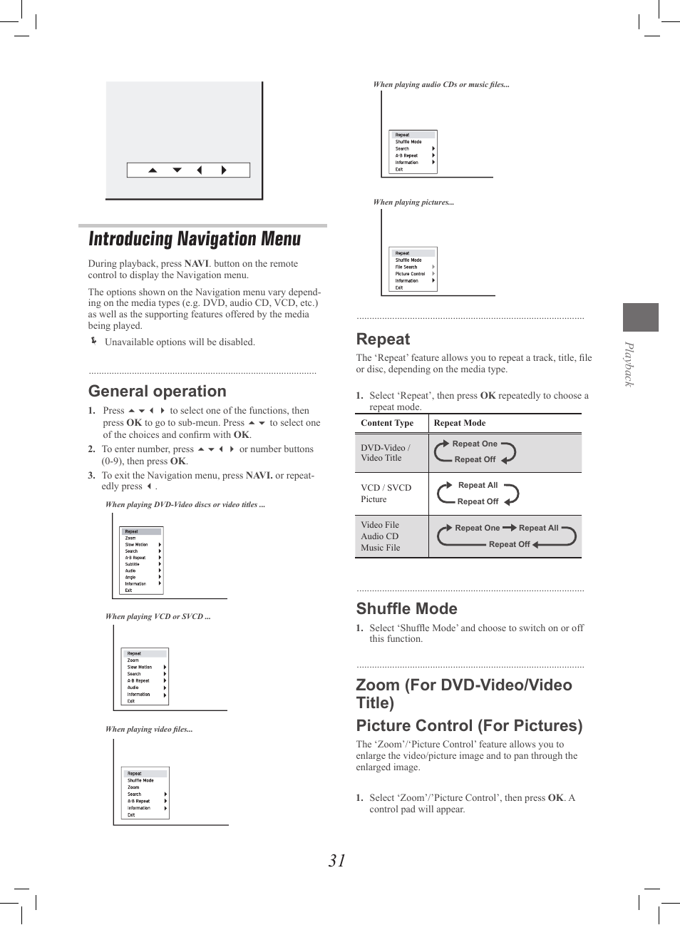 Introducing navigation menu, Repeat, Shufﬂe mode | General operation | Philips G-CODE 7819901511 User Manual | Page 32 / 48