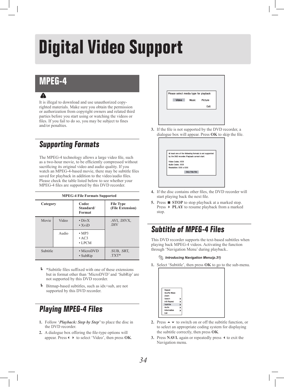 Digital video support, Mpeg-4, Supporting formats | Playing mpeg-4 files, Subtitle of mpeg-4 files | Philips G-CODE 7819901511 User Manual | Page 35 / 48