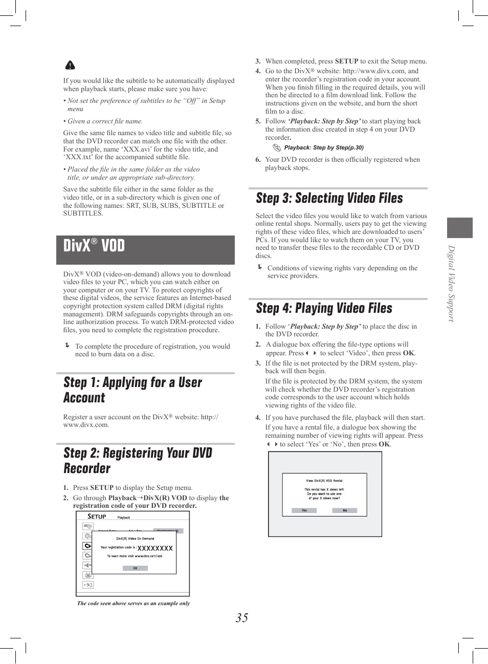 Divx® vod, Step 1: applying for a user account, Step 2: registering your dvd recorder | Divx, Step 3: selecting video files, Step 4: playing video files | Philips G-CODE 7819901511 User Manual | Page 36 / 48