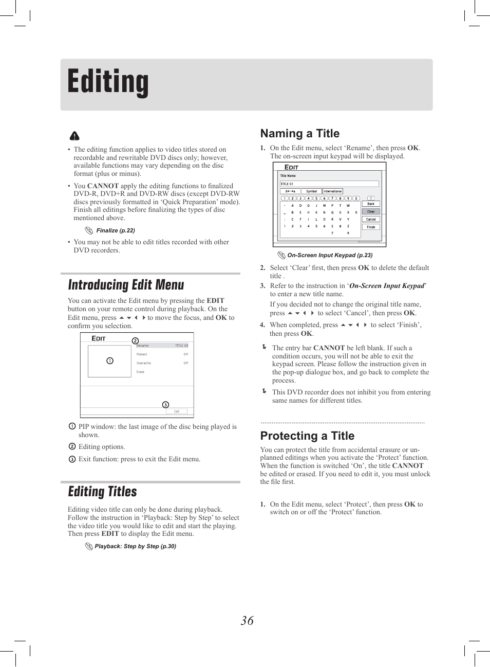 Editing, Introducing edit menu, Editing titles | Introducing edit menu • editing titles, Naming a title, Protecting a title | Philips G-CODE 7819901511 User Manual | Page 37 / 48