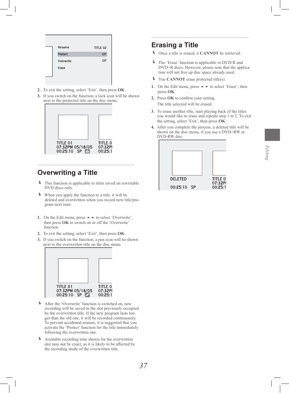 P.37, Erasing a title, Overwriting a title | Philips G-CODE 7819901511 User Manual | Page 38 / 48