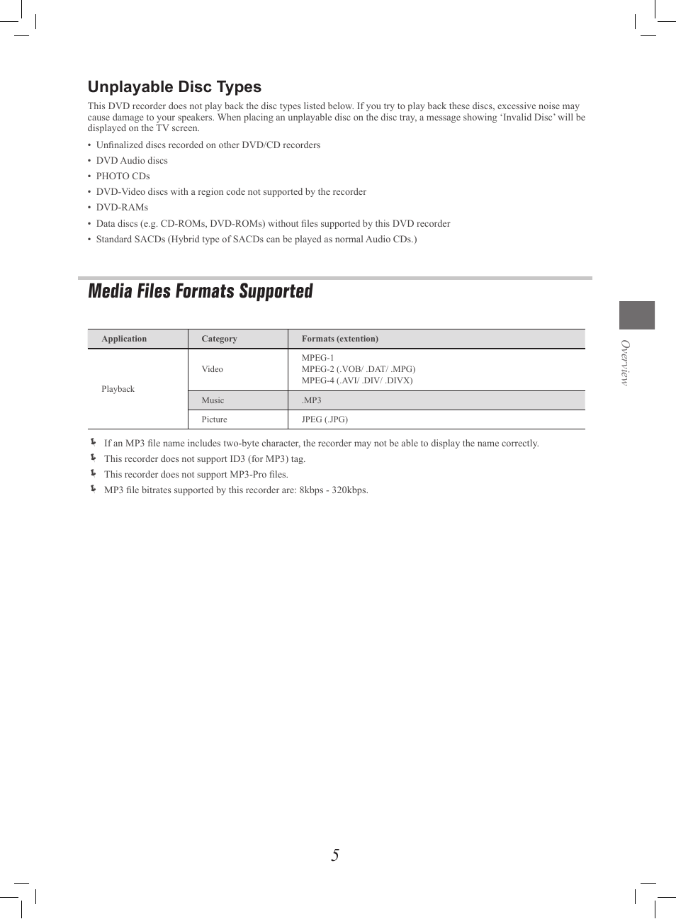 Media files formats supported, Unplayable disc types | Philips G-CODE 7819901511 User Manual | Page 6 / 48